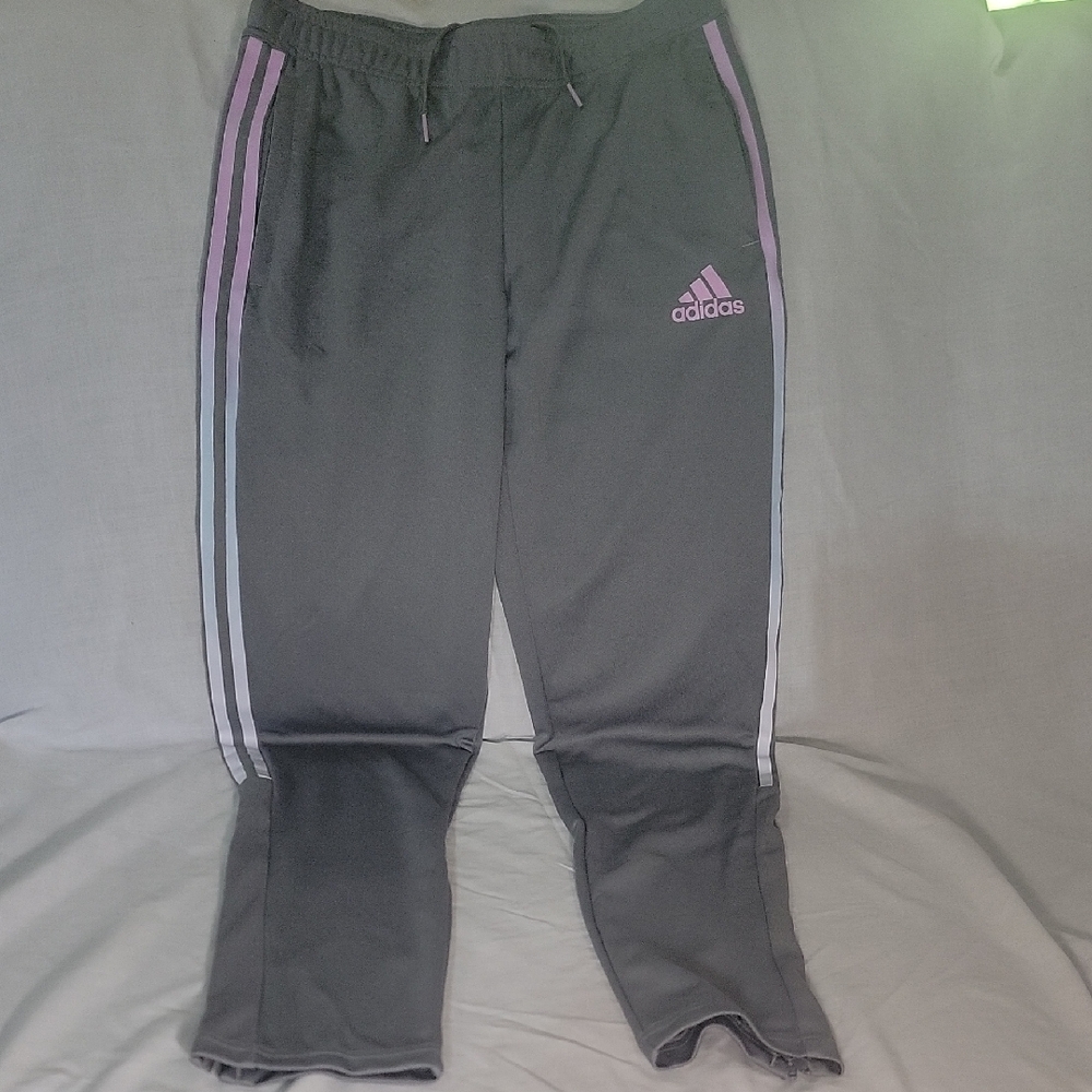 Adidas Gray and Pink Sweatpants with Signature Stripes